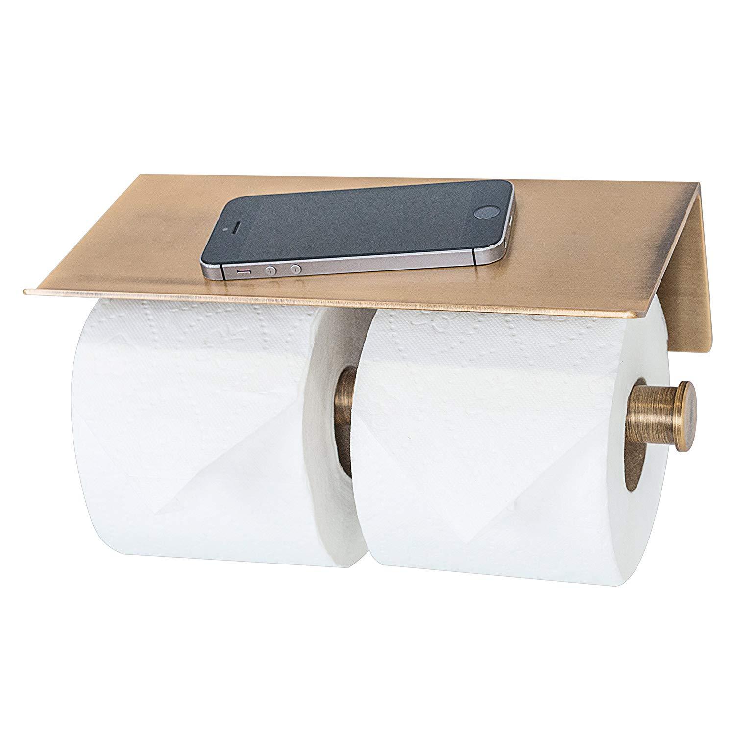 SmartHome Toilet Paper Holder - Aluminium Double Roll Toilet Tissue Holder with Mobile Phone Shelf for Bathroom, 3M Self Adhesi